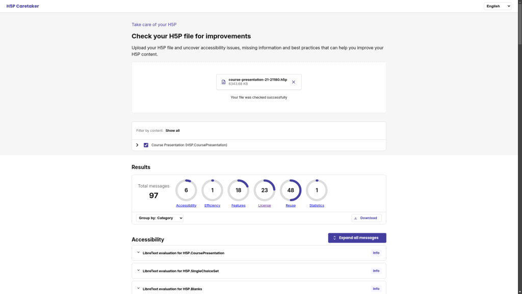 Screenshot of a web page on a mobile device. A separated header reads "H5P Caretaker" and shows a select field labeled with "English", obviously for switching the page language. Underneath, the page reads "Take care of your H5P" as an introductory title followed by a larger title reading "Check your H5P file for improvements". Below that, regular text reads "Upload your H5P file and uncover accessibility issues, missing information and best practices that can help you improve your H5P content." followed by a button labeled "Upload your H5P file" within what must be a dropzone that bears the text "or drag the file here".