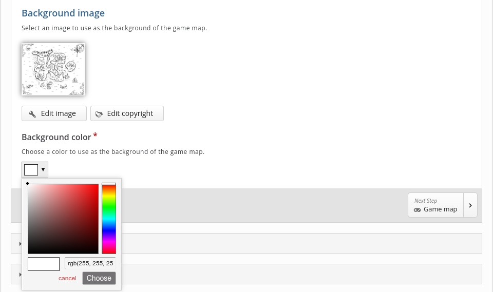 Screenshot of the editor of GameMap. Showing that one can set a background image and a background color.