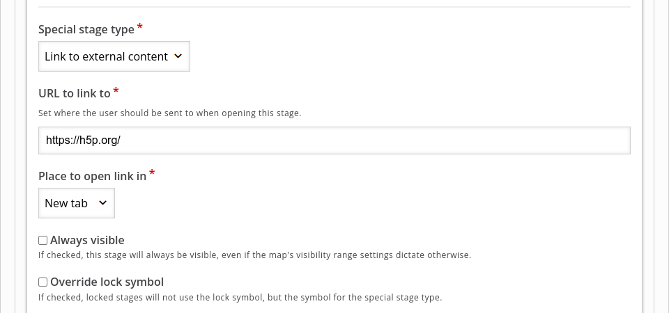 Screenshot of the editor of GameMap. Showing the options for a special stage of type "link": One can set a URL and define whether it should be opened in the same tab or a new one.