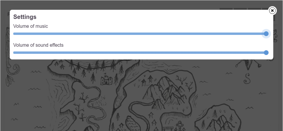 Screenshot of the view of GameMap. Showing an overlay holding settings for the volume of the music and the volume of sound effects.
