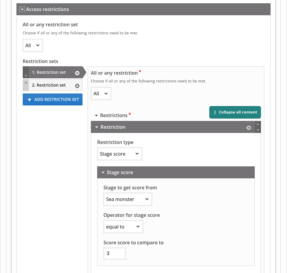 Screenshot of the editor of GameMap. Showing the access restrictions options for a stage.